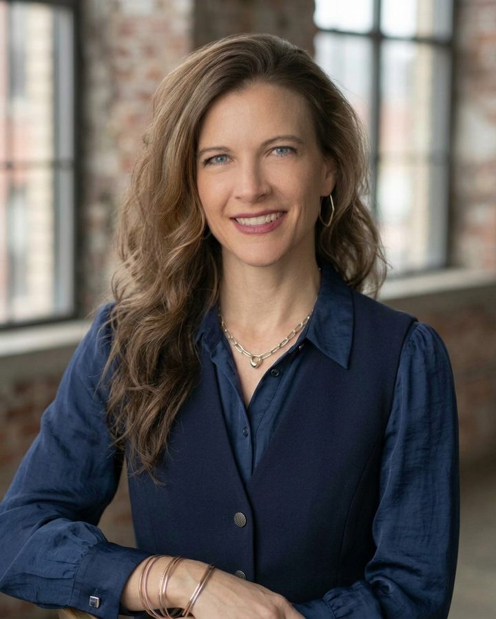 Amy Price, wearing a navy vest and blouse, smiling in a brick-walled office